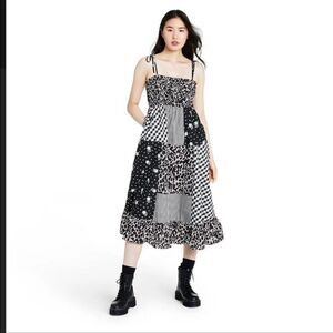 Sandy Liang x Target Black & White Gingham Floral Patchwork Cotton Midi Dress